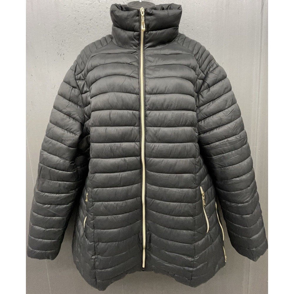 Women Puffer Jacket 2XL Black Gold Silver Zip Pockets Outdoor Winter Travel Coat
